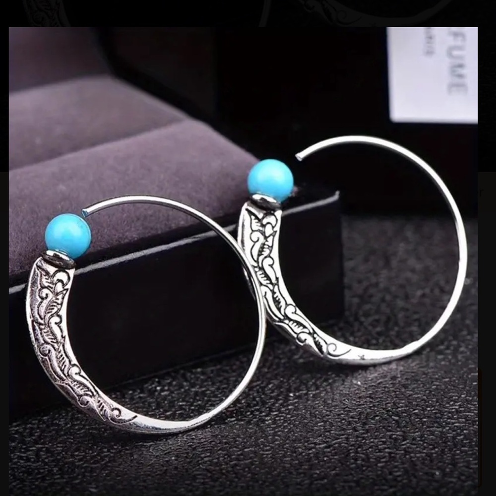 New Silver Vintage Design Carved Pattern Turquoise Hoop Earrings
